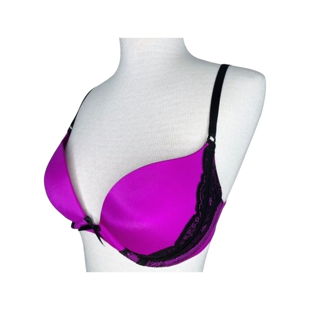 Victoria's Secret Very Sexy Push Up Bra 32D * Gel Pads Pink Satin Black Lace